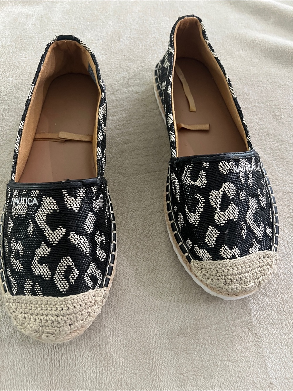 Nautica Black and Cream Leopard-Print Espadrille Slip-Ons